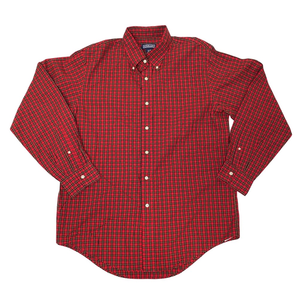 Lands' End Men's 16-34 Regular Red Tartan Plaid Button Down Dress Shirt